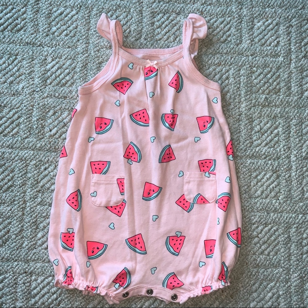 SOLD watermelon snap-up romper with ruffle straps